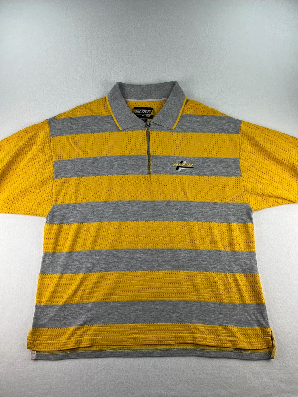 Vintage 90s Y2K Boss By IG Designs Yellow Gray Striped 1/4 Zip Polo Shirt Sz XL